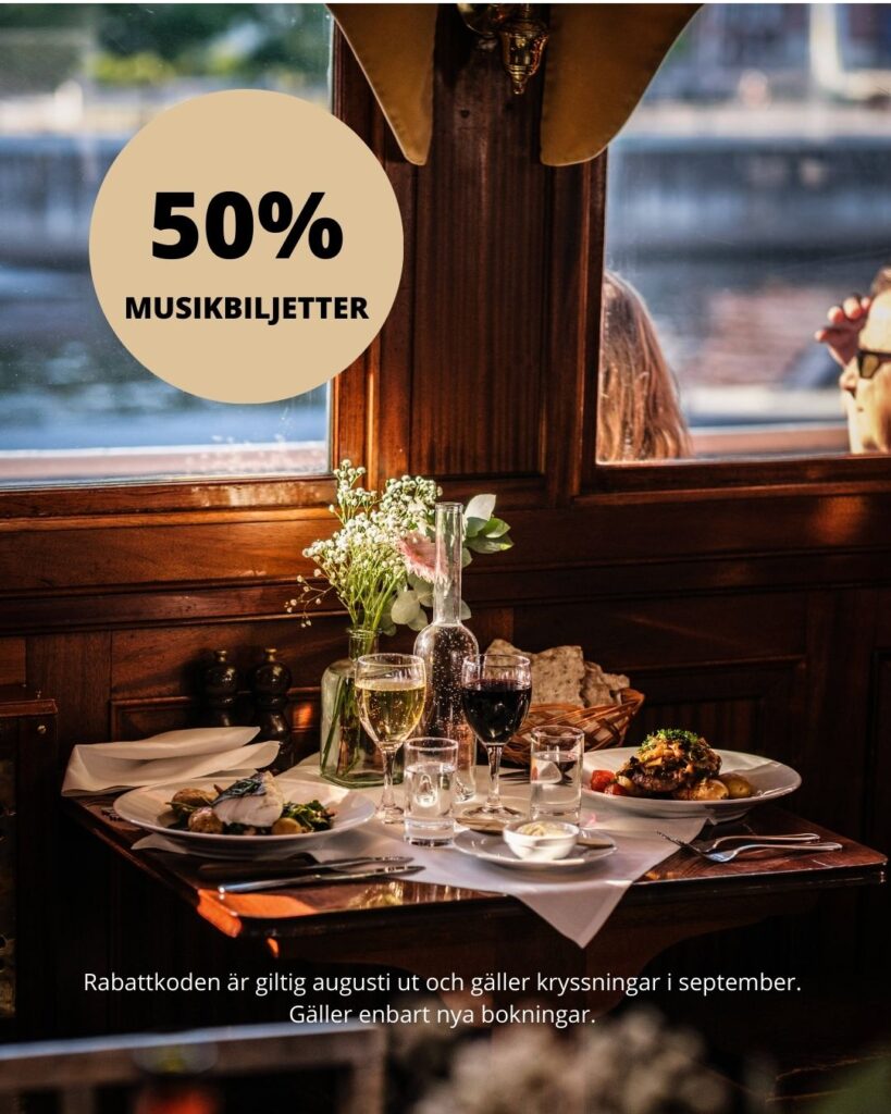 Half price offer on music tickets, picture taken in one of the dining rooms on the steamship Blidösund.